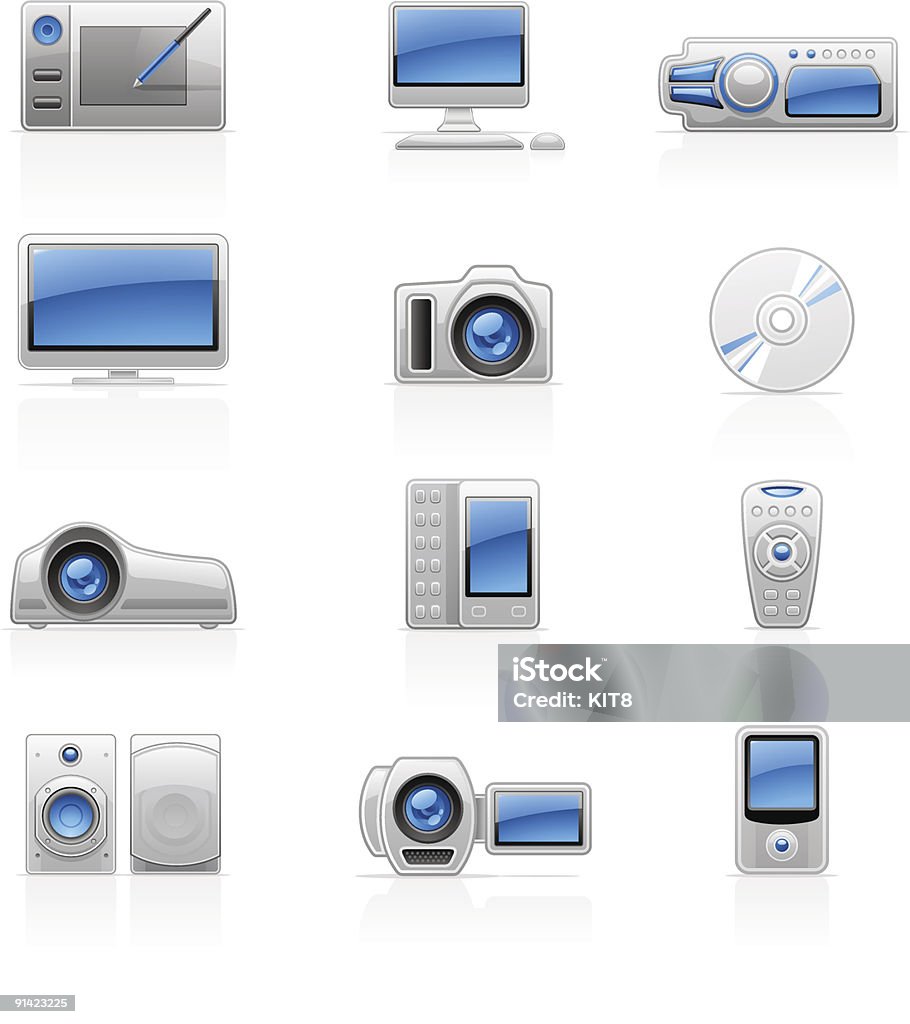 Иконок бытовой электроники: Видео, фото, аудио, планшета, телевизор, компьютер, проектор. - Векторная графика Аудиооборудование роялти-фри