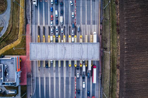 istock Aerial drone view on toll collection point 914256298