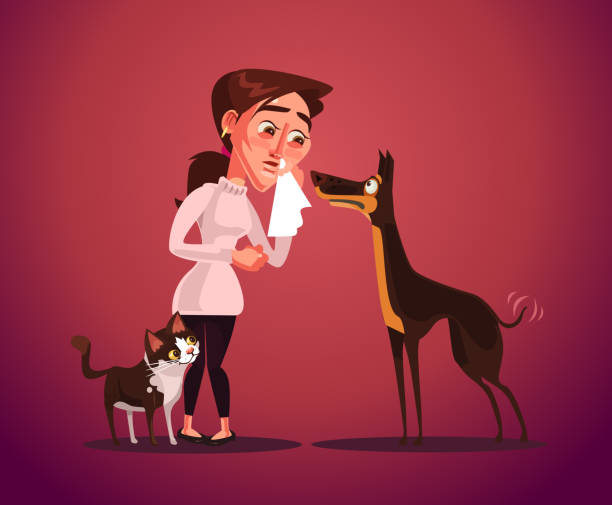 ilustraciones, imágenes clip art, dibujos animados e iconos de stock de mujer tiene alergia a un animal. - scratching dog skin condition allergy