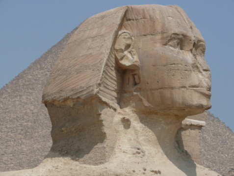 Giza, Egypt - July 18, 2016: The Great Sphinx of Giza is the oldest known monumental sculpture and is believed to have been built during the reign of Pharaoh Khafra (2558-2532 BC).