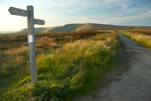 Signpost for the Pennine Way in the Peak District at dusk.