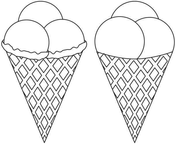 Black and white line art icon ice cream cone 3 ball set. Black and white line art icon ice cream cone 3 ball set. Coloring book page for adults and kids. Summer fast food vector illustration for gift card, flyer, certificate or banner, logo, patch, sticker frozen coloring pages stock illustrations