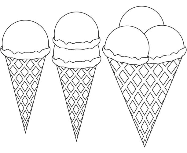 Line art ice cream 1 2 3 ball cone black and white icon set. Line art ice cream 1 2 3 ball cone black and white icon set. Coloring book page for adults and kids. Summer fast food vector illustration for gift card, flyer, certificate banner, logo, patch, sticker frozen coloring pages stock illustrations