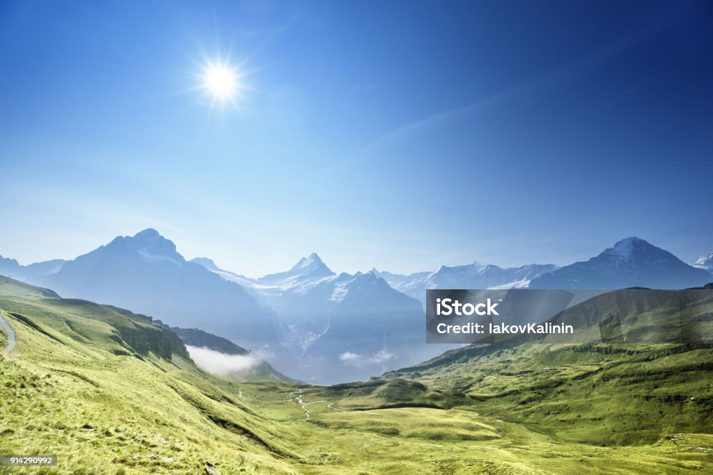 mountains landscape, Grindelwald First, Switzerland Grindelwald valley from the top of First mountain, Switzerland Mountain Stock Photo