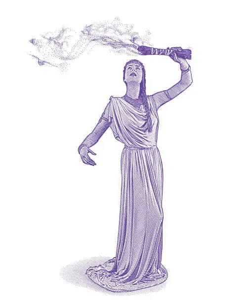 Vector illustration of Engraving of a Spiritual woman performing sage smudging ceremony with smoke morphing into flying doves