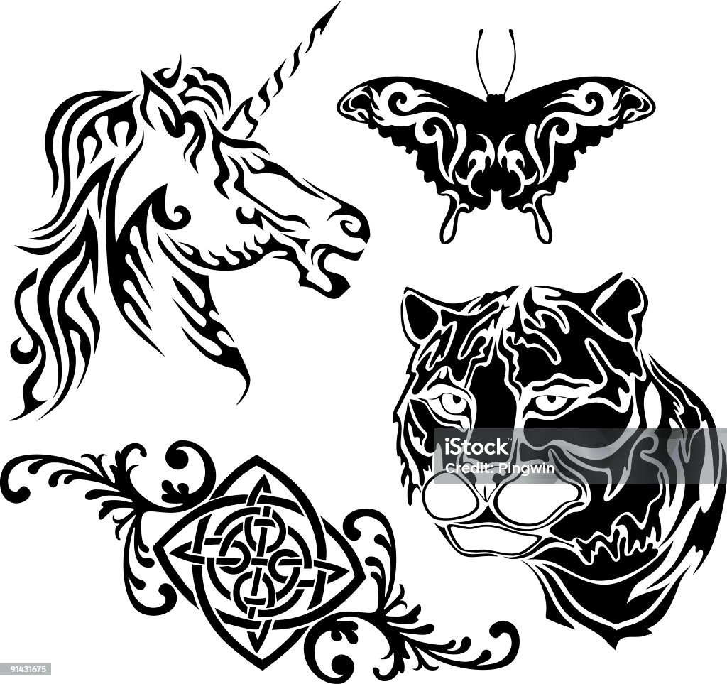 Татуировка collection - Стоковые иллюстрации Единорог роялти-фри