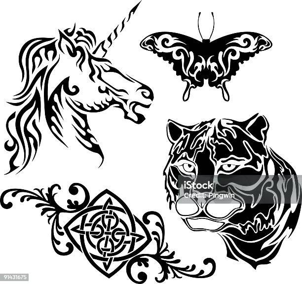 Татуировка Collection — стоковая векторная графика и другие изображения на тему Единорог - Единорог, Кельтский стиль, Чёрно-белый