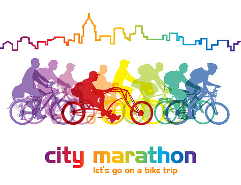 Group of cyclist on the bicycle tour around the city. Vector illustration.