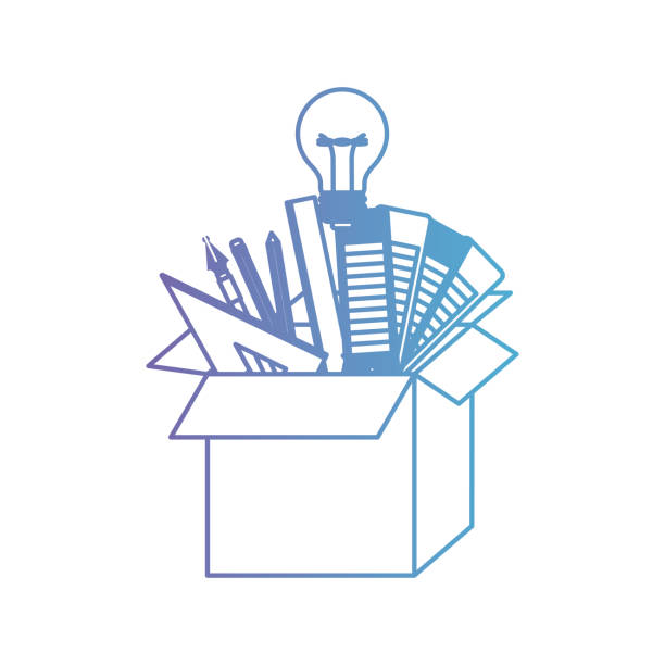 ilustrações, clipart, desenhos animados e ícones de caixa de papelão com idea de ferramentas de design gráfico em roxo degradado ao contorno azul - text graph box education