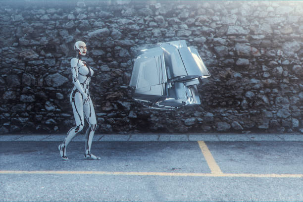 Futuristic cyborg with drone walking on the street.
