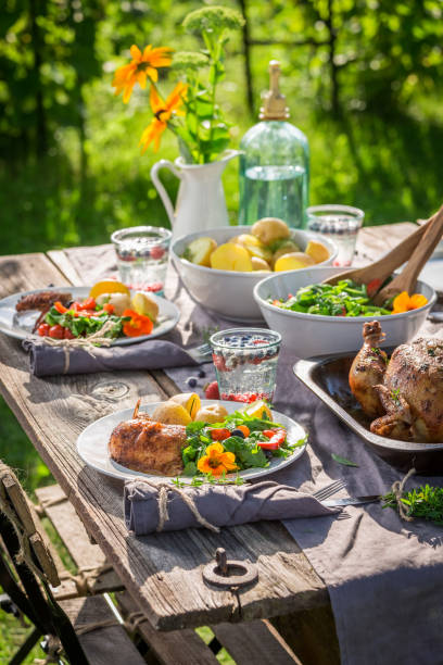 istock Fresh dinner with chicken and vegetables served in the countryside 914328262