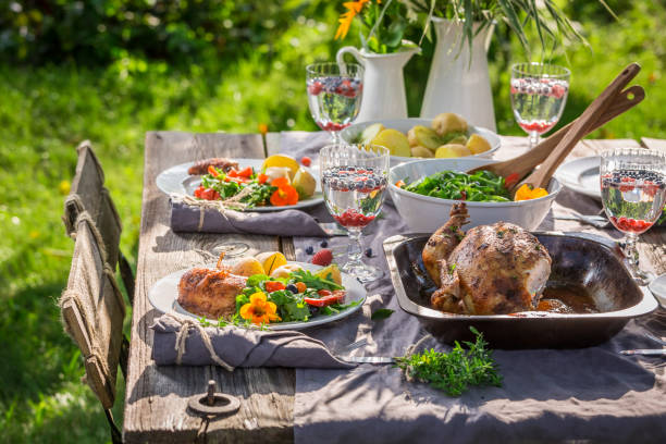 istock Fresh dinner with salad and chicken served in summer 914328290