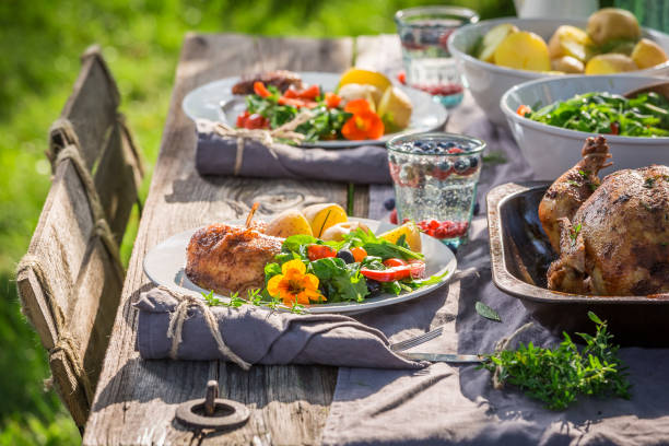 istock Healthy dinner with chicken and vegetables served in the garden 914328328