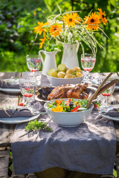istock Tasty dinner with chicken and vegetables served in summer 914330388