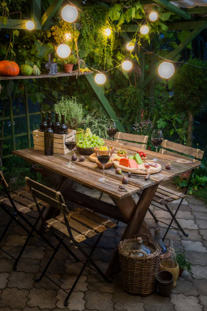 istock Garden table with appetizers and wine in the evening 914333760