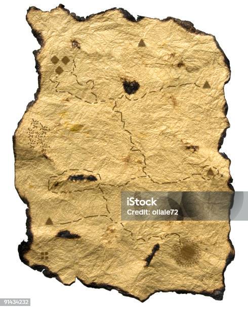 Damaged Ancient Treasury Map Isolated On White Stock Photo - Download Image Now - Treasure Map, Pursuit - Concept, Treasure Chest