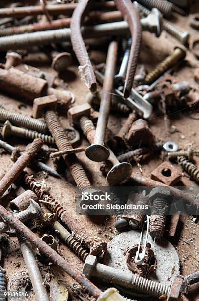 Old Rusty Bolts And Nails Tools Focus On Front Stock Photo - Download Image Now - Abandoned, Bolt - Fastener, Caliper