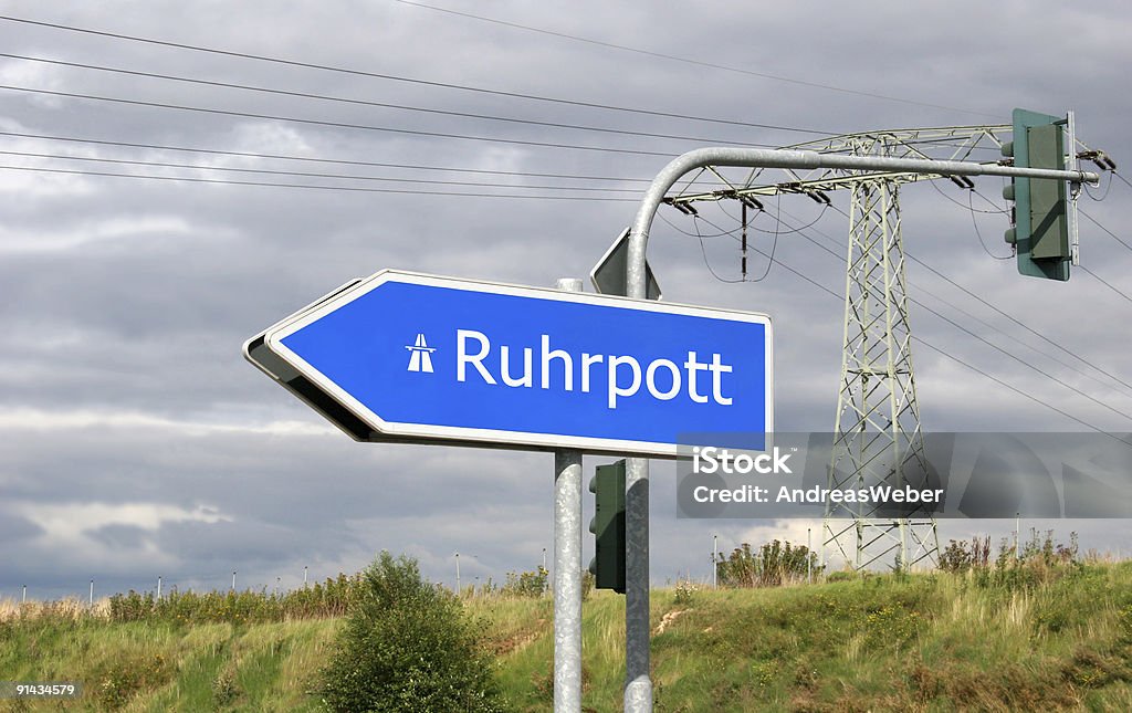Ruhrpott - motorway sign direction Ruhr area, traffic lights and power line  Gelsenkirchen Stock Photo