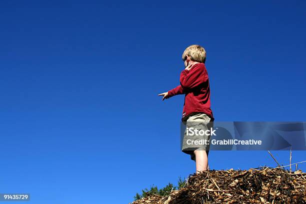 That Way Young Boy Stands On A Hill Pointing Stock Photo - Download Image Now - Adventure, Aiming, Boys