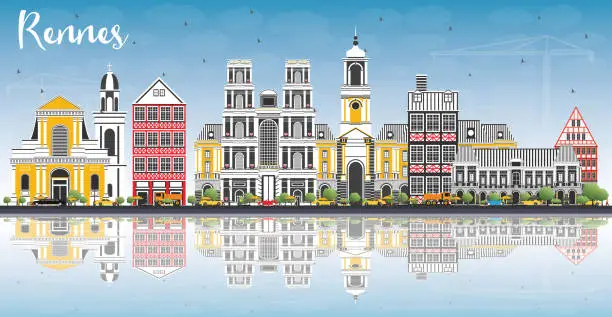 Vector illustration of Rennes France City Skyline with Color Buildings, Blue Sky and Reflections.