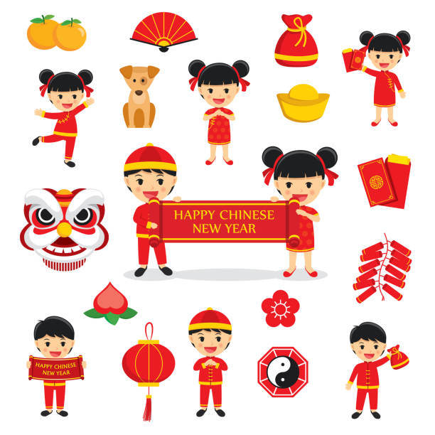 ilustraciones, imágenes clip art, dibujos animados e iconos de stock de feliz año nuevo chino símbolos tradicionales de la decoración con elementos caracteres e iconos aislados sobre fondo blanco. - greeting chinese new year god coin