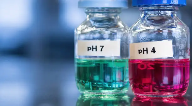 Photo of pH 7 (green) and 4 buffer (red) solutions in glass bottles