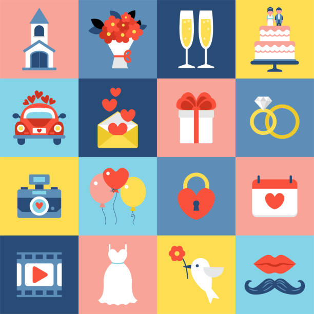 ilustraciones, imágenes clip art, dibujos animados e iconos de stock de conjunto de iconos de boda  - heart shape stone red ecard