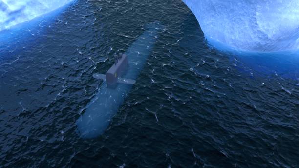 ilustração 3d de um submarino viagens na superfície do oceano ártico - sub sea - fotografias e filmes do acervo