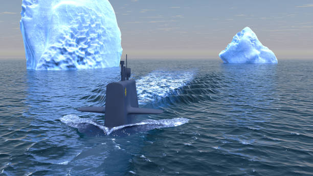 ilustração 3d de um submarino viagens na superfície do oceano ártico - sub sea - fotografias e filmes do acervo