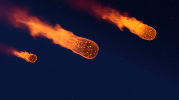3d abbildung von einem meteoritenschauer - verglühen in der erdatmosphäre mit einem sternenhimmel im hintergrund - meteor fireball asteroid comet stock-fotos und bilder