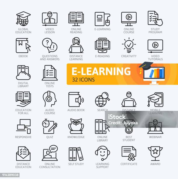 E ラーニングオンライン教育の要素 最小限は薄い線 Web アイコン セットです概要アイコンのコレクションシンプルなベクター イラストです - アイコンのベクターアート素材や画像を多数ご用意