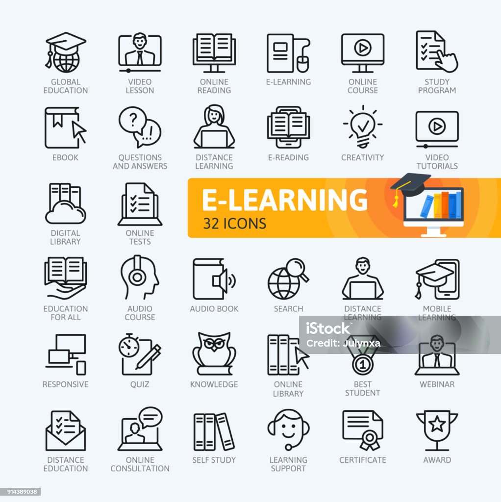 E-learning, online education elements - minimal thin line web icon set. Outline icons collection. Simple vector illustration. Icon Symbol stock vector