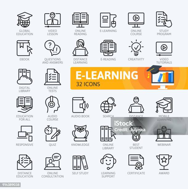 Elearning Online Education Elements Minimal Thin Line Web Icon Set Outline Icons Collection Simple Vector Illustration Stock Illustration - Download Image Now