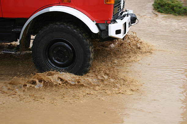 Fire brigade car during flood operation in Göttingen after flooding in 2007 stock photo