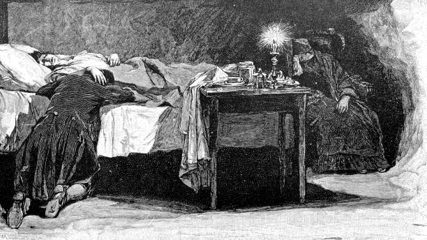 At the bed: husband and mother say goodbye to the dying woman Illustration from 19th century drawing of a man kneeling in prayer stock illustrations