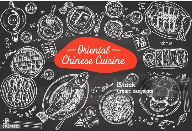 Hand Drawn Chinese Food On A Chalkboard Vector Illustration Stock Illustration - Download Image Now