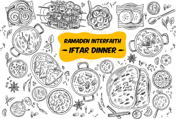 ilustraciones, imágenes clip art, dibujos animados e iconos de stock de dibujo de cena de iftar vista superior de la tabla, vector - comida india