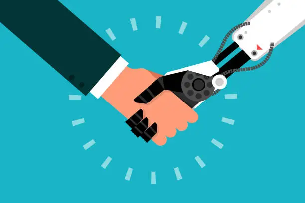 Vector illustration of Man shaking hand with robot.