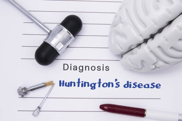 Neurological diagnosis of Huntington's disease. Neurological hammer, human brain figure, tools for sensitivity testing are on table next to title of text diagnosis of Huntington disease diagnóstico neurológico de la enfermedad de huntington. martillo neurológico, figura del cerebro humano, herramientas de prueba de la sensibilidad son en la tabla a continuación a título de diagnóstico del texto de la enfermedad de huntington