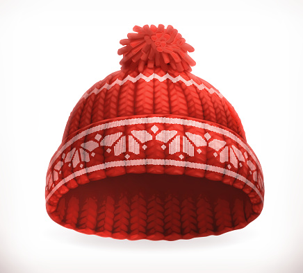 Red winter knitted hat. 3d vector icon