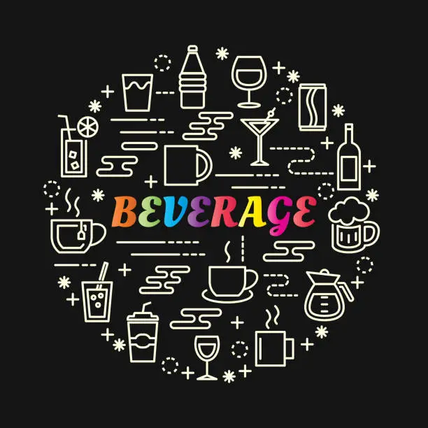 Vector illustration of beverage colorful gradient with line icons set