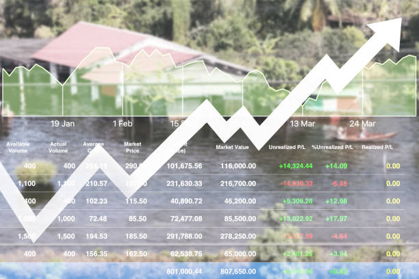 istock Stock market data index information of flooding area problem background. 914408506