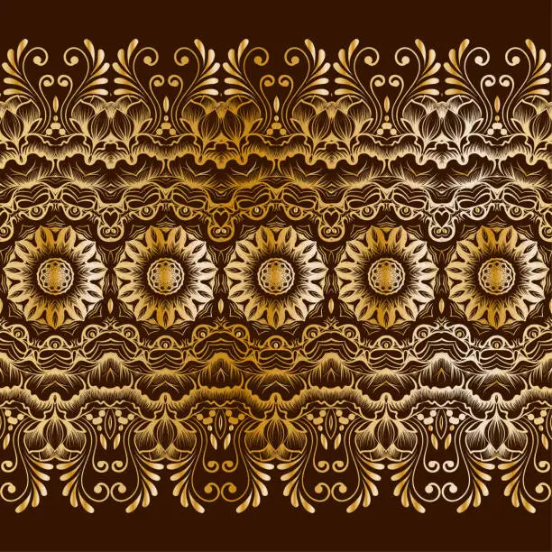 Vector illustration of Ethnic indian golden line art border in mehendi ethnic style on a brown background