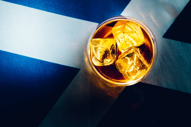 Whisky with ice, on Scottish flag