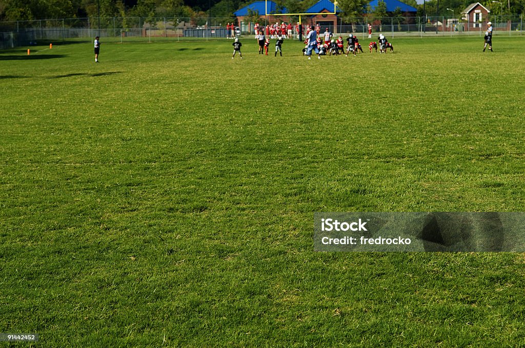 アメリカン・フットボールプレーヤーでのサッカーフィールドでフットボール観戦 - アメフト ラインマンのロイヤリティフリーストックフォト