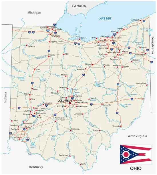 Vector illustration of Ohio road map with flag