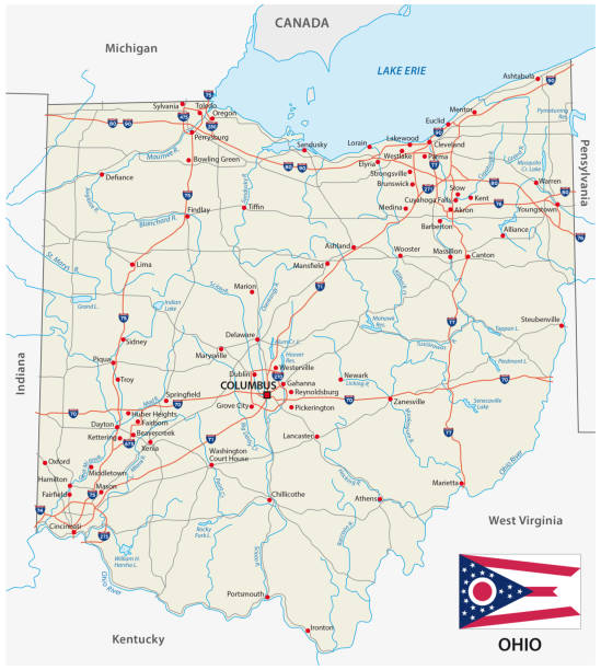 俄亥俄路線地圖與旗子 - 俄亥俄州 幅插畫檔、美工圖案、卡通及圖標