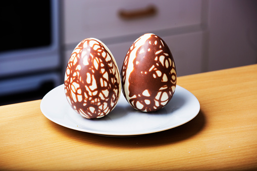 Homemake Easter eggs in the kitchen