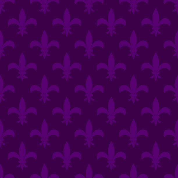 Mardi Gras Fleur de Lis Vector Seamless Pattern Mardi gras fleur de lis vector seamless pattern. Violet flower carnival card background. fleur stock illustrations