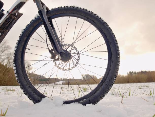 istock Front wheel of mountain bike while snow riding. 914446568
